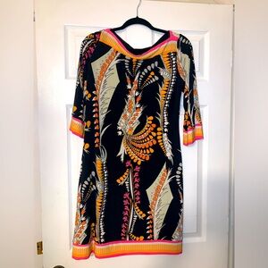 ALI RO Black/Coral/Tan Printed Jersey 3/4/ Sleeve Dress 12
